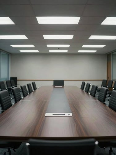 Wide panoramic view of an empty corporate conference room, long dark wood table centered, cool fluorescent overhead lighting, vacant chairs in precise alignment, architectural shot with clinical framing, no people