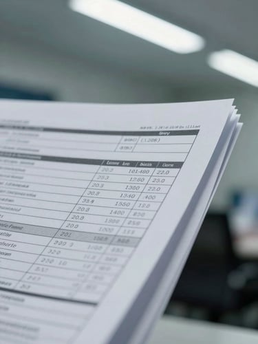 Close-up detail of printed financial report pages on a desk under cool overhead office fluorescent light, corner of document folded, no people, clinical and precise framing