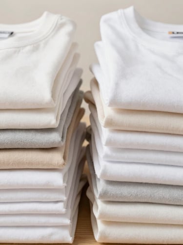 Macro studio photograph of organized stacks of readymade garments, focusing on the crisp textures of fine cotton and hosiery, bright natural daylight, neutral background, sharp focus.