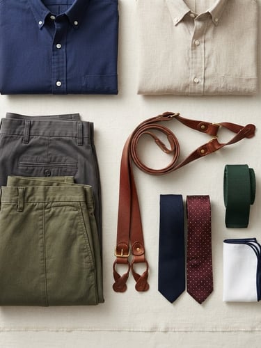 Sharp high-contrast flat-lay of neatly folded cotton garments, leather braces, and silk ties on a neutral ivory background, crisp studio lighting, sharp focus on fabric textures