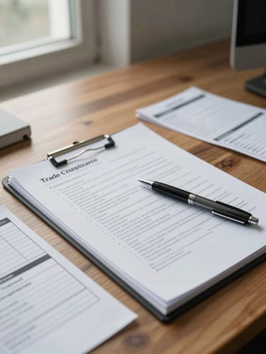 Environmental close-up inside a logistics office: a wooden desk surface with an open trade compliance document, a pen resting across a clause, shipping labels and a port authority stamp visible at the edge—overcast window light from the left, no people in frame, detail-forward framing