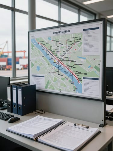 Wide environmental shot of a busy port logistics office, overcast daylight through industrial windows, a large wall-mounted cargo routing map with printed route overlays pinned to it, a desk with open binders and shipping manifests in the foreground, no people visible
