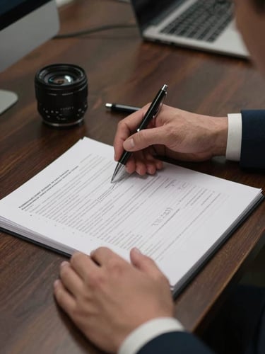 Close-up of a financial advisor's hands turning pages of a printed report on a dark wooden desk, overhead office lighting, pen resting beside annotated figures, no faces visible