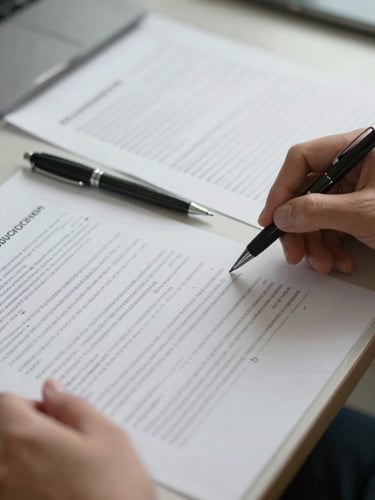 Close-up of hands reviewing printed financial documents on a desk, a pen resting beside annotated pages, overhead office lighting, papers slightly overlapping — documentary detail shot, no faces visible