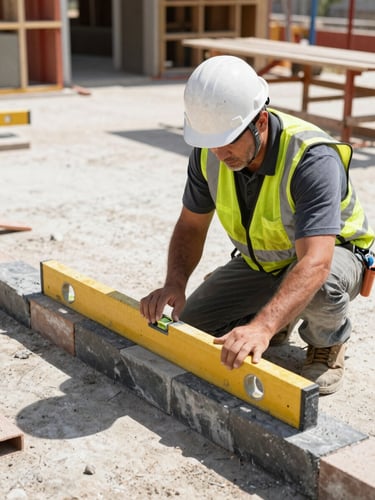 A professional masonry superintendent in high-vis gear and a hard hat on an active West Sacramento job site, looking over a level brick course, hard sunlight