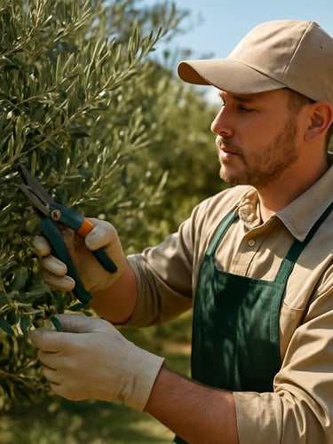 Close-up of a professional gardener in clean uniform pruning a lush olive tree in a sunny San Miguel de Allende estate, sharp focus, natural light.