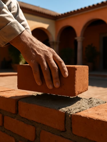 Close-up of a skilled mason laying traditional terracotta brick on a high-end San Miguel de Allende colonial villa courtyard, bright natural morning sunlight, sharp architectural lines.