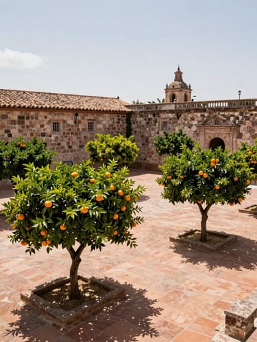 Overhead view of a pristine colonial terrace with manicured orange trees, clean terracotta tiles, historic stone walls under bright Guanajuato sky.