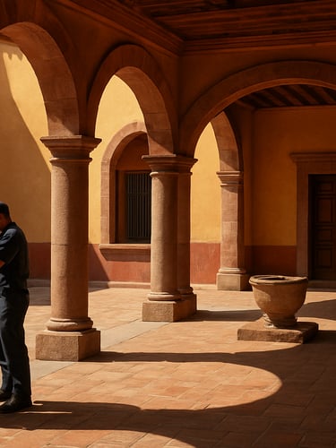 Wide panoramic 21:9 framing of a pristine colonial courtyard in San Miguel de Allende, warm Guanajuato sunlight casting sharp architectural shadows, a technician in a clean navy uniform inspecting a stone pillar to the left third, expansive terracotta details.