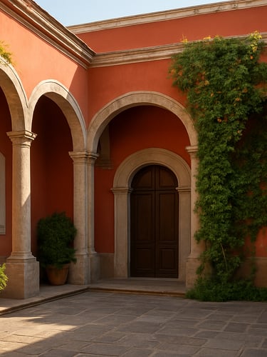 A beautifully restored colonial courtyard in San Miguel de Allende, showcasing clean stone masonry, pristine painted walls, and manicured climbing plants under warm afternoon sunlight.