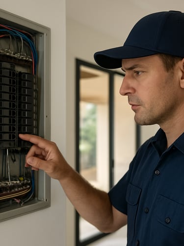 Close-up of a professional technician in a clean navy uniform inspecting an electrical panel in a modern San Miguel de Allende villa, bright natural light.