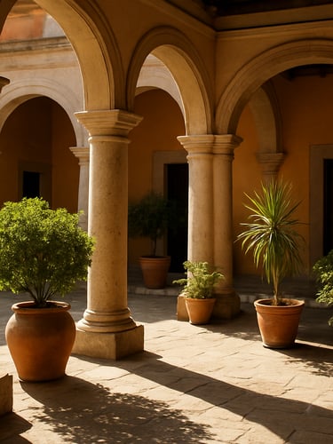 Luminous colonial interior courtyard in San Miguel de Allende, clean stone arches, pristine potted plants, warm afternoon sunlight casting soft shadows.