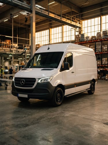Dynamic low-angle shot of a clean, modern white delivery van parked inside a state-of-the-art distribution center, dramatic golden hour lighting reflecting off metallic surfaces, sharp focus, 35mm