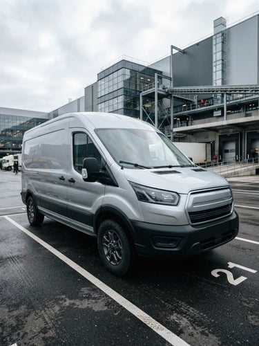 Dynamic low-angle shot of a clean modern delivery van parked at a state-of-the-art logistics hub, crisp overcast daylight, desaturated metallic tones