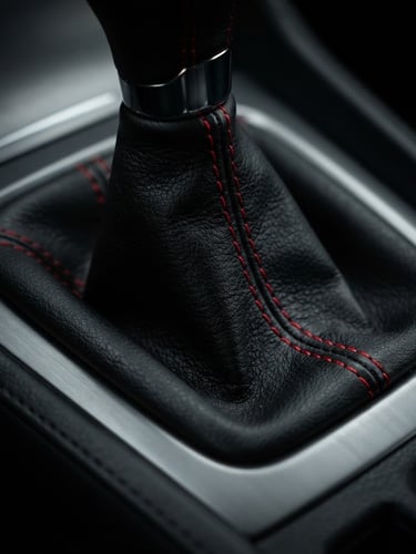 High-contrast macro shot of a black leather shift boot with vibrant red stitching, moody studio lighting, sharp focus on texture and threads, installed in a pristine car console, deep shadows.