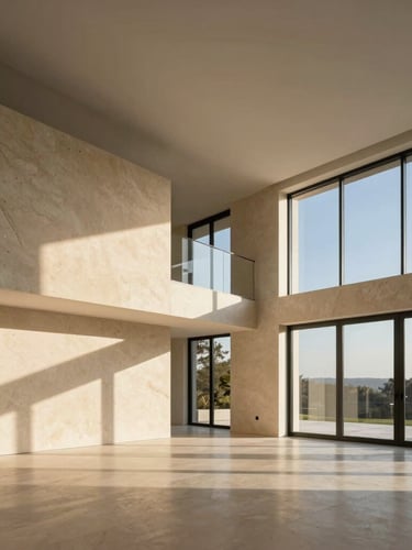 Minimalist modern residential interior with high-end travertine finishes and floor-to-ceiling windows, sharp late-afternoon sun casting long architectural shadows, warm champagne tones, premium photography.