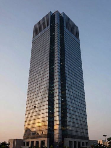 Symmetrical architectural twilight shot of a modern glass high-rise office tower in Gurgaon, deep navy accents, sharp lighting