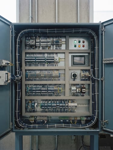 Sharp architectural close-up of a perfectly organized industrial electrical control panel, cool daylight, blue and slate tones, technical precision, 35mm