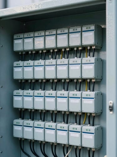 Sharp architectural photography of a neatly organized industrial electrical panel, clean technical wiring and components, cool day lighting, industrial blue and slate tones, sharp focus, 35mm.