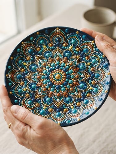 Hands holding a finished dot-painted ceramic plate, showing the detailed 3D paint texture, warm editorial photography, soft natural side-light, minimalist neutral background, 35mm