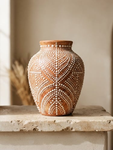 Warm editorial photography of a hand-painted terracotta vase on a minimalist sand-colored stone ledge. Soft natural side-light casts subtle shadows that emphasize the 3D texture of the intricate white paint dots. Clean, uncluttered composition with generous negative space, 35mm.