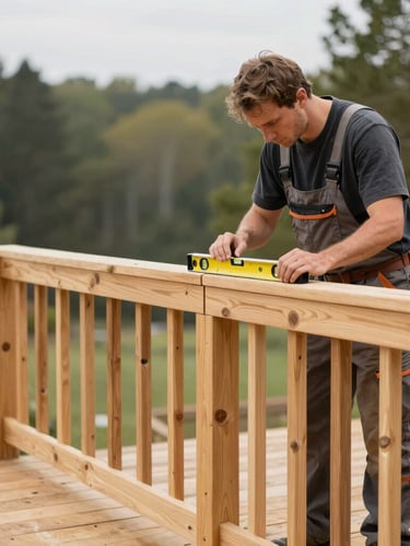 A Ridgeline Craftsmen lead carpenter in work attire, focused on precisely measuring a newly installed clear-grade cedar deck railing with a digital level, soft overcast daylight, architectural photography style, 35mm lens.