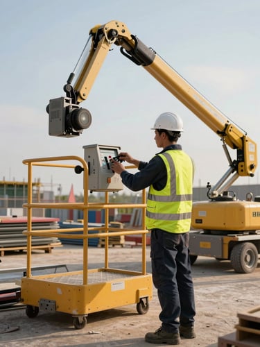 Medium-wide shot of a Nacelle Maroc technician in hi-vis vest and hard hat standing beside an articulating boom lift on an outdoor job site, performing a pre-operation check on the control panel, late afternoon daylight, construction site context with materials stacked in the background