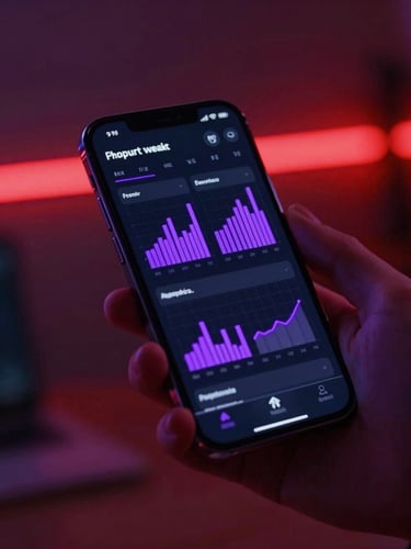 Cinematic close-up of a modern smartphone displaying a sleek dark streaming dashboard with glowing purple analytics charts, held by a person in a low-key lit room with neon red background accent lighting, shallow depth of field, 8k