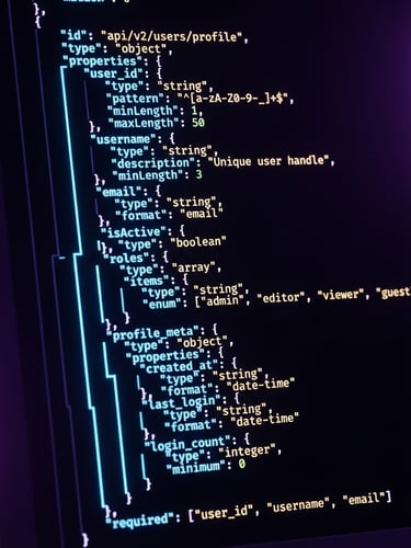 Close-up macro shot of a dark-mode IDE displaying a structured JSON schema, glowing neon blue lines highlighting key-value pairs, subtle purple backlighting, sharp digital product render, high-contrast tech aesthetic