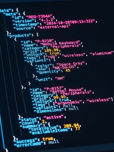 Macro shot of clean JSON code snippet on a glowing dark-mode IDE screen with neon blue backlighting, sharp vector lines, high-contrast technical aesthetic