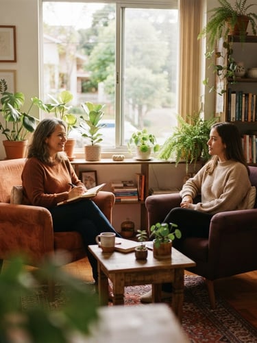 Warm editorial photography of a cozy psychology office in Curitiba, soft afternoon window light, indoor plants, comfortable terracotta and plum colored chairs, shallow depth of field, 35mm