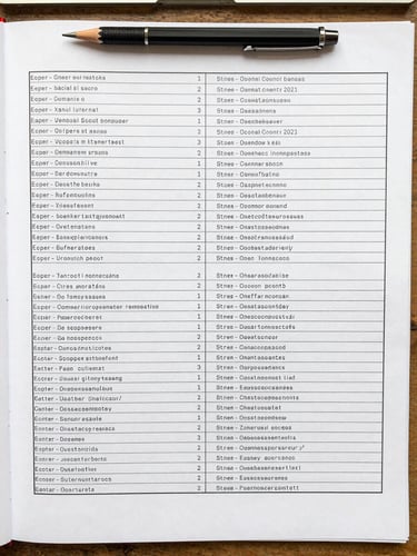 Overhead flat-lay of a large printed comparison matrix spreadsheet on a clean desk surface, two columns of software criteria visible in monospace type, a mechanical pencil resting across the top edge, shot under flat neutral office light with no shadows or warmth