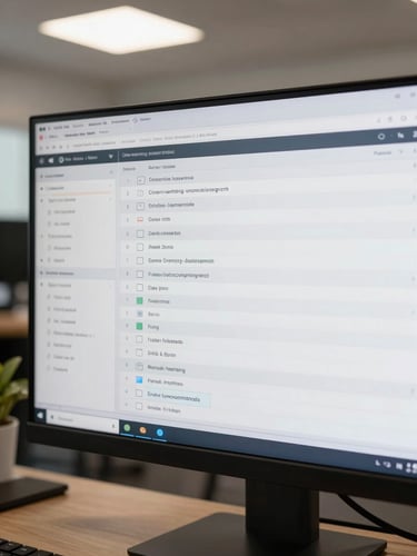 Full-screen capture of a CRM-to-marketing-automation data sync configuration panel — field mapping rows visible in native interface resolution, a second monitor partially in frame showing an integration settings menu, flat neutral north-facing office light, overhead medium-distance framing, no people
