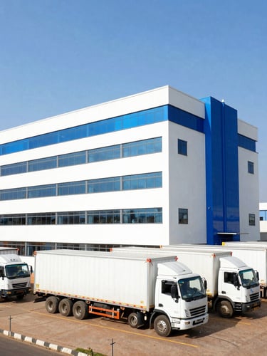 Vue en hauteur d'un entrepôt logistique moderne au Sénégal, camions de transport alignés en journée ensoleillée, architecture contemporaine épurée.
