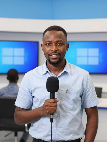 Un cadre moyen d'un journaliste sénégalais professionnel parlant devant un microphone de studio moderne, arrière-plan flou avec des écrans de production de télévision, éclairage lumineux.
