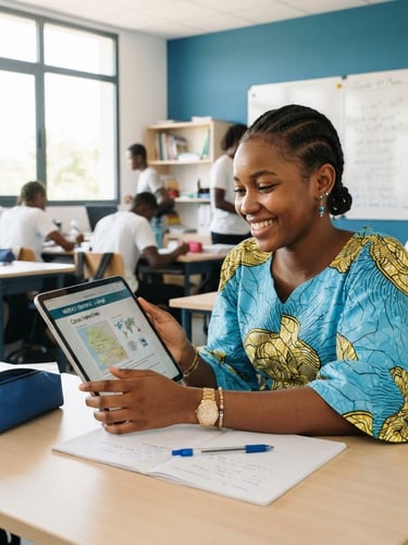 Un plan moyen lumineux d'une étudiante sénégalaise souriante utilisant une tablette moderne dans une salle de classe ensoleillée à Touba, lumière naturelle du jour, accents bleus.