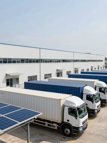 A modern logistics hub in West Africa with solar-powered warehouses, container trucks aligned under bright daylight, clean architectural lines
