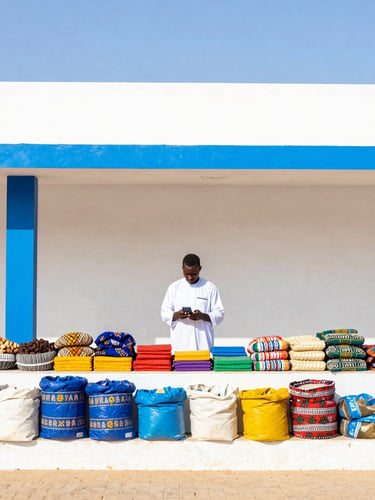 A vibrant outdoor market stall in Senegal with neatly arranged goods, a merchant holding a smartphone, bright natural sunlight, high-key editorial photograph