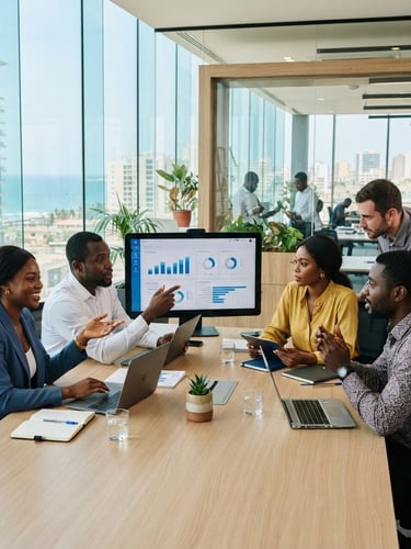 Bright environmental editorial photography of a modern glass-walled office in Dakar, Senegal, with collaborative African business professionals working under natural West African daylight, clean corporate setting, sharp focus.