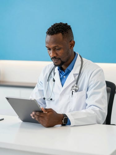 Intérieur d'une clinique moderne éclairée par la lumière naturelle, un médecin sénégalais utilisant une tablette de télémédecine avec professionnalisme.