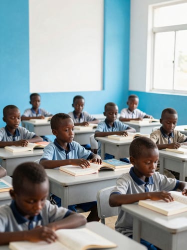 Un plan large lumineux d'un groupe d'enfants sénégalais souriants dans une salle de classe ensoleillée à Touba, recevant des livres neufs, lumière naturelle éclatante.