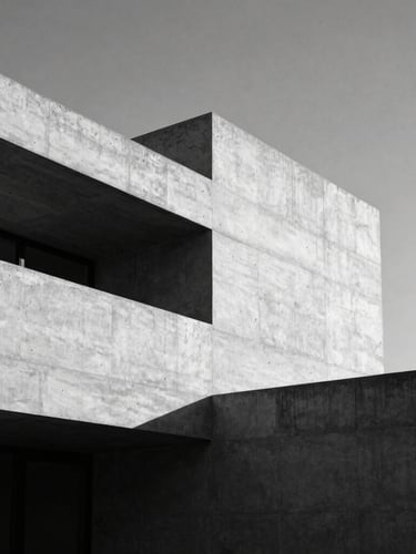 High-contrast black and white medium format photograph of a modernist concrete villa facade, sharp architectural angles, dramatic deep shadows, morning sun, negative space.