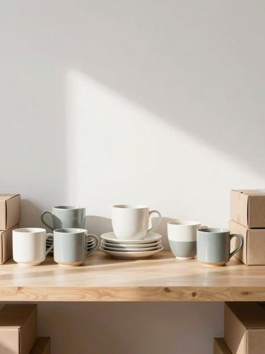 A bright, airy home office workspace with organized stacks of modern homeware, ceramic mugs, and shipping boxes under soft indirect daylight.