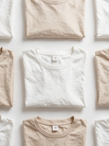 A bright, clean overhead flat lay of neatly folded organic cotton apparel in warm minimalist tones, soft natural daylight, 35mm lens