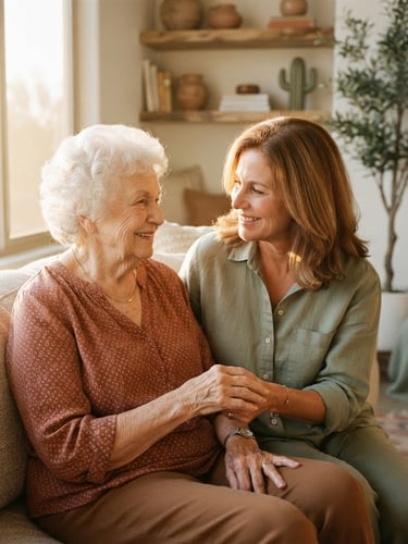 Warm lifestyle photo of an adult daughter gently holding her elderly mother's hand, both smiling softly, in a sun-drenched modern Arizona living room, shallow depth of field, golden hour light.
