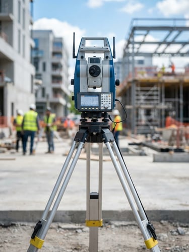Crisp technical photography of a high-precision robotic total station surveying instrument on a tripod, sharp daylight, cool slate and electric blue tones, architectural tilt-shift lens