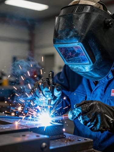 Close-up of a certified welder in full safety gear executing a clean MIG weld bead, dramatic blue-toned welding arc light, sparks flying, industrial workshop background, sharp details, 35mm lens