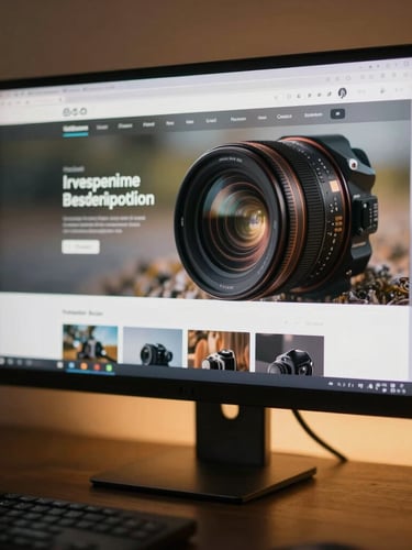 Macro crop of a modern responsive web interface displayed on a high-end physical monitor, dark studio setting with warm amber backlighting