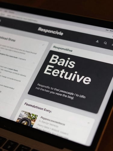 High-fidelity close-up of responsive UI layouts on a physical screen, dark background with warm copper-amber ambient lighting, sharp focus on typography