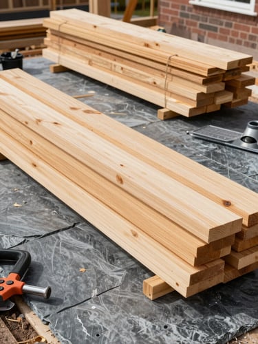 A clean, organized residential construction site with neatly stacked timber and tools, bright daylight